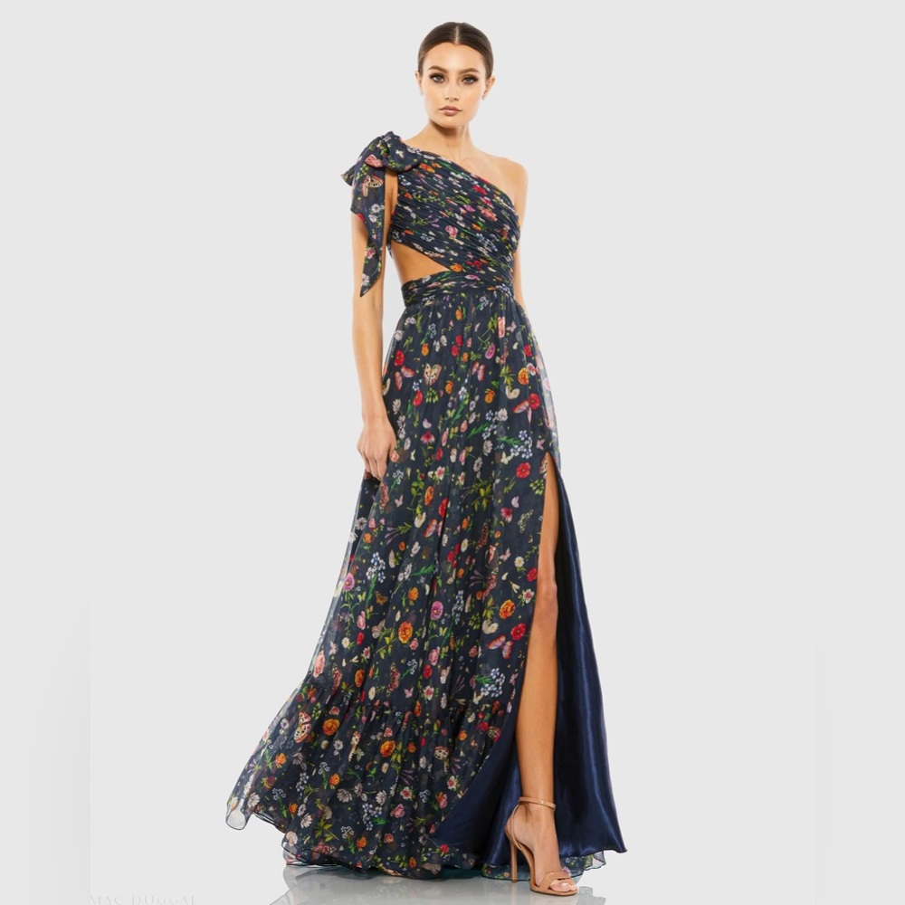 Mac Duggal 67938 Navy Tied One Shoulder Cut-Out Flowy Gown